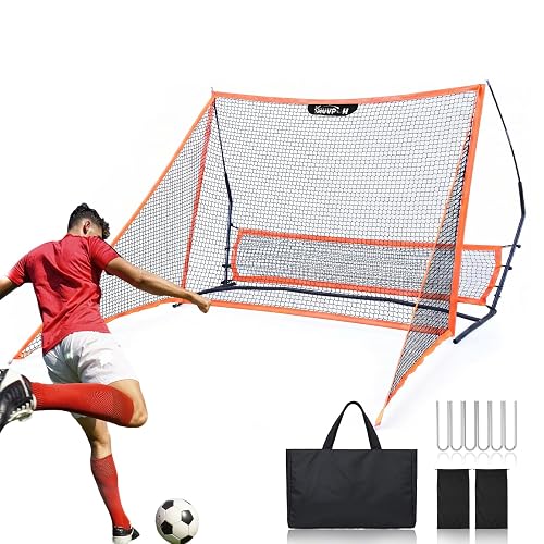Soccer Rebounder, 2-in-1 Rebounder Soccer with Safety Backstop Net，for Solo Passing, Receiving & Trapping Practice，Soccer Rebounder Board for Kids & Adult，Includes Carry Bag,Stakes& Sandbags