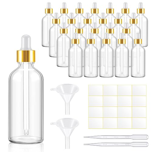 Tessco for you 20 Pack 3.4 oz Glass Dropper Bottles, 100 ml Glass Tincture Bottles with Eye Droppers with Funnel, Labels & Pipette for Essential Oil, Health, Personal Care & Beauty (Clear Gold)