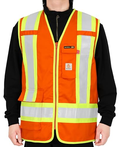 BOCOMAL FR Vest Zipper Reflective High Visibility ANSI Class 1 Safety CAT2 | 7.5oz Cotton Fire Retardant,Flame Resistant NFPA2112 CAT2,4”Tape Hi Vis ANSI/ISEA 107 Type O Class1,Men's Reflective Workwear