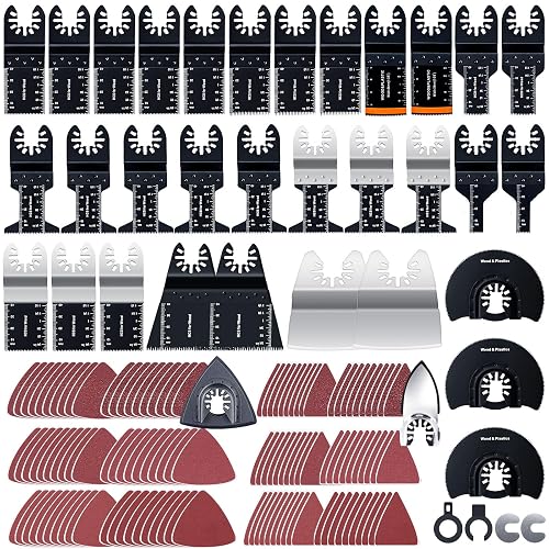 CONNOO 158 Pack Oscillating Saw Blades, Oscillating Tool Blades with Sandpaper, Multitool Bi-Metal Blades Kits for Wood Metal Plastics Quick Release Fit Dewalt Ryobi Rockwell Makita