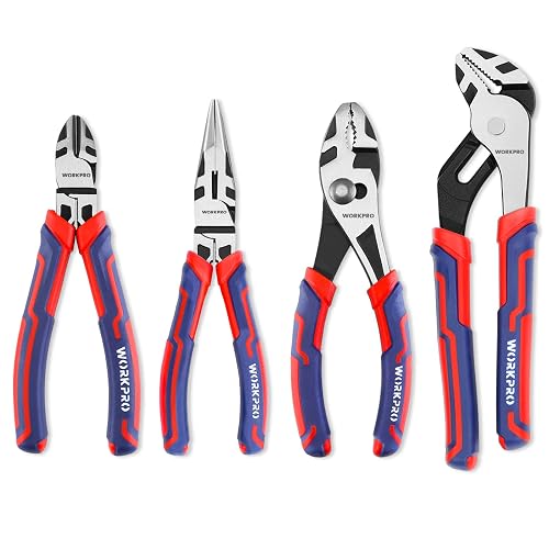 WORKPRO 4-Piece Pliers Set | Premium CR-V Construction Tool Set Including Long Nose, Diagonal Cutting, Groove Joint and Slip Joint Pliers - Red