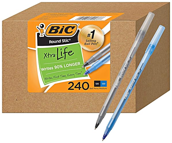 BIC Round Stic Xtra Life Ballpoint Pens, 1mm, 120 Black 120 Blue, 240 Pack | Bulk Pack of 120 Black &120 Blue Pens, Office Essentials and Teacher Supplies for Back-to-School Classrooms