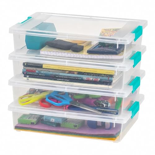IRIS USA Storage Bins with Lids |Made in USA| 6 Qt - (4-Pack) - Clear | 14"L x 11"W x 3.25"H - Sensory Craft Organizers, Plastic Clip Box Totes, Containers for Paper, Office, Art & Study Supplies