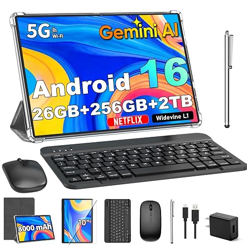 Gemini AI Android 16 Tablet with Keyboard, 2026 10 inch Tablet (Silver) | 26GB+256GB+2TB Expand, Electronic Tablet PC with 8-Core, 5G WiFi, 8000mAh, GPS, GMS, 2 in1 Tablet with Case, Mouse, Stylus