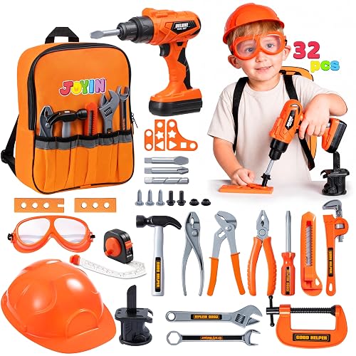 JOYIN 32PCS Kids Tool Set, Kids Tool Toys with Construction Backpack Costume & Electronic Toy Drill for Boy Girl, Birthday Gift for Boys Age 3 4 5 6