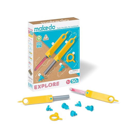 Makedo Explore | Safe Cardboard Construction Tool Kit for Kids, 50 Pieces | Screen-Free STEM + STEAM Educational Toy | Safe, Reusable Cardboard Tools for Home Play and Classroom Learning | Kids Age 5+