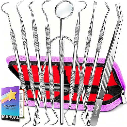 G.CATACC 10 Pack Dental Tools Kit Stainless Steel Teeth Cleaning Tools Set | 10-in-1 Complete Set, Deep Cleaning Plaque Tartar, Top-pick Between Dentist Visits, w/ Travel Case, Rustproof, Kids & Pets