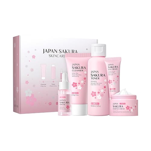 LAIKOU Skin Care Set JAPAN SAKURA Women Beauty Gift Sets Skin Care Kit 5pcs | Cleanser, Toner, Serum, Eye Cream, Face Cream Travel Kit for Women Teen Girls Mom Daughter Birthday TSA-friendly Sizes