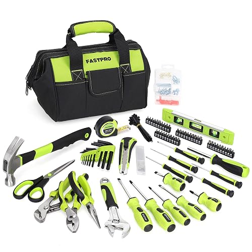 FASTPRO 220-Piece Home Tool Set, Household Repairing Tool Kit, Green | Included 12-Inch Wide Mouth Open Storage Tool Bag, For Beginners, For Home Repair and Maintenance, Great for Gifts