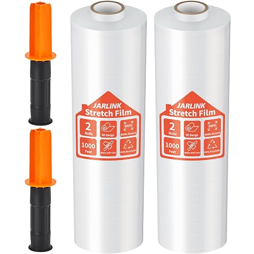 JARLINK Stretch Film, 15" x 1000' Shrink Wrap for Pallet Wrap, 80 Gauge | Industrial Strength Stretch Wrap up to 800% Stretch with Handles, Moving Wrapping Plastic Roll, 2 Pack