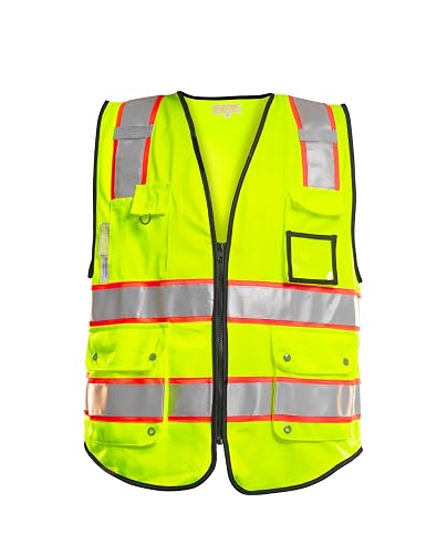 PACIFIC PPE Class 2 Hi Vis Reflective Safety Vest, 10 Pockets, Zipper, M | Yellow M, 4 Reflective Strips High Visibility, 10 pockets, lightweight vest for construction, work and outdoor use