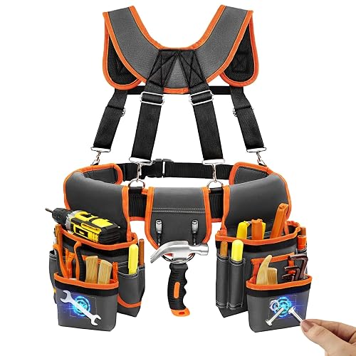 Professional Tool Belt for Men, Magnetic Tool Belt with Suspenders | Heavy Duty Detachable Adjustable Utility Tool Belt Pouch for Electricians & Carpenters, Construction, Fits 32"-66" Waist