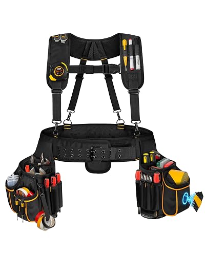 Marscamd Tool Belt with Suspenders & Pouches, Heavy Duty Work Belt, Black | Adjustable padded tool belt with 31 storage compartments, ergonomic suspenders for carpenters, electricians and builders