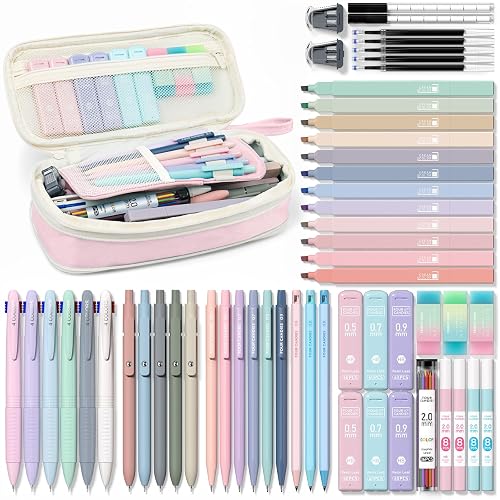 Four Candies 56PCS School Supplies with Pencil Case, Stationery Set, Pink | 6 Multicolor Pens, 12 Pastel Highlighters, 5 Gel Pens, 9 Mechanical Pencils, Back to School, College Essentials for Students