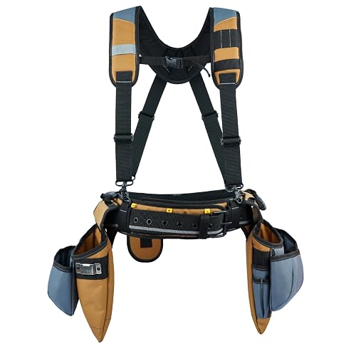 KUNN Carpenter Tool Belt with Suspenders Pro Framer Suspension Tool Rig for Construction Contractors and Electrician,Khaki