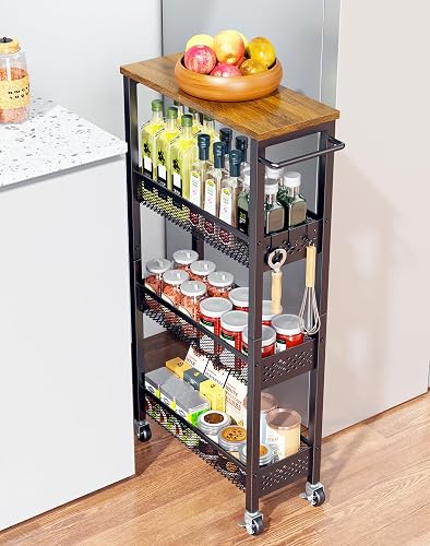 OKZEST 4-Tier Slim Rolling Storage Cart for Kitchen, Laundry Room, Bathroom | Upgraded metal hub casters, Narrow utility cart for small space/gaps, Premium wood top & metal mesh shelf, with handle & hook
