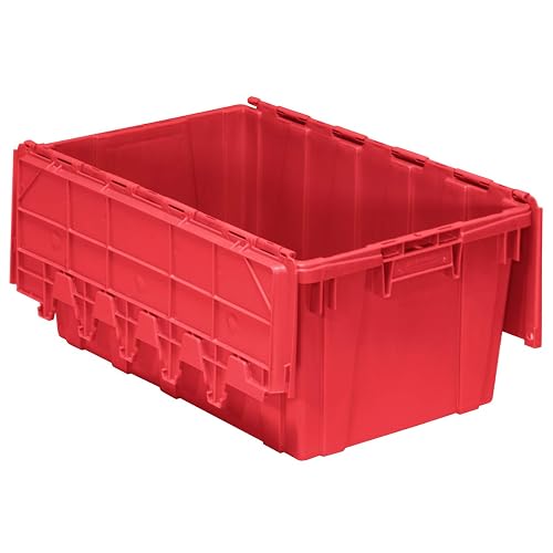 Buckhorn AR2717120202000 Industrial Plastic Stackable Storage Tote Container with Hinged Attached Lid, 27-Inch L x 17-Inch W x 12-Inch H, Red