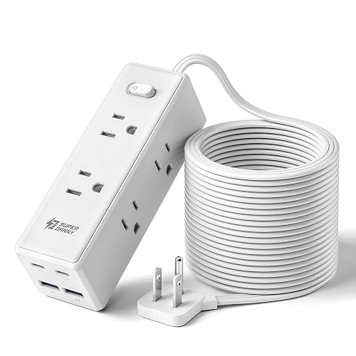 SUPERDANNY 15Ft Extension Cord with Multiple Outlets, Flat Plug Power Strip | Long Extension Cord with 6 Outlets, 4 USB Ports(2 USB C), Surge Protector for Home, Office Supplies, Dorm Essentials, White