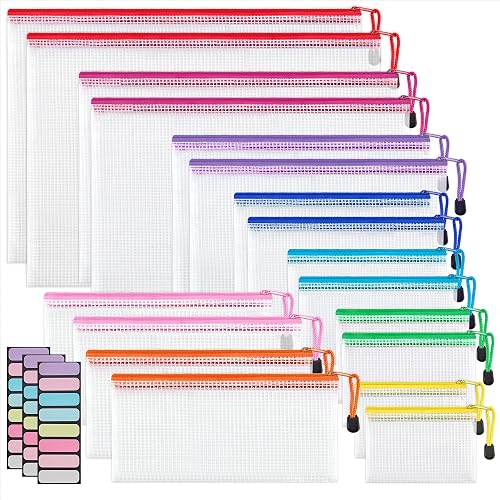 JARLINK 18 Pcs Mesh Zipper Pouch Bags, 8 Sizes Waterproof Zipper Bags | Multi-use Travel Bags for Office, School, Board Game, Puzzles, Cosmetics, Travel Accessories, and Home Organization, 9 colors