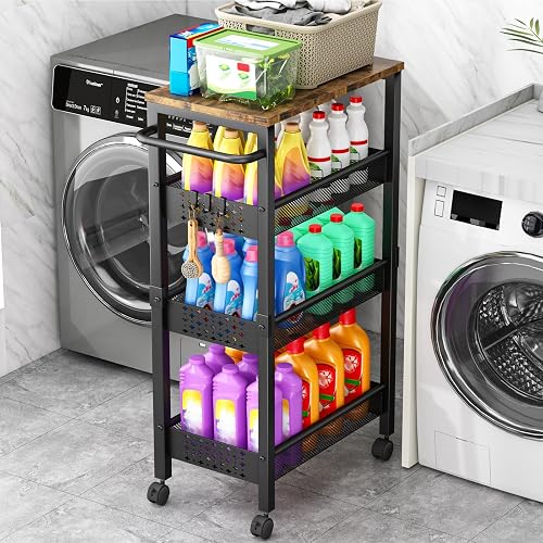 Vivihomety 4-Tier Laundry Utility Rolling Cart with Wheels, Metal | Narrow 8.1" wide, lockable wheels, wood top panel, metal frame, for laundry room, small spaces, pantry, tight gaps, Black
