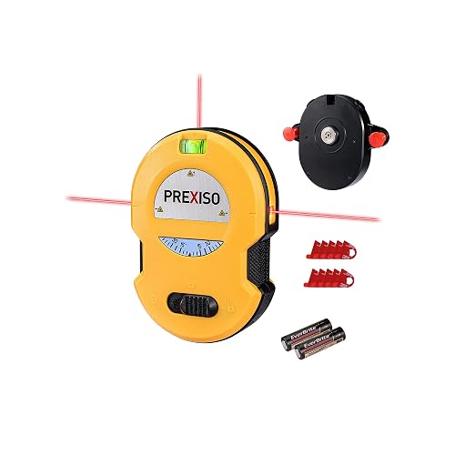 PREXISO Multi Surface Laser Level LED Light Vial, 30Ft Cross Line Laser | Clear Horizontal & Vertical Lines, Wall Mount, 2 Pins, 10 Sticker, 2 AA Batteries for Hanging Frames & Picture, Wall Marking