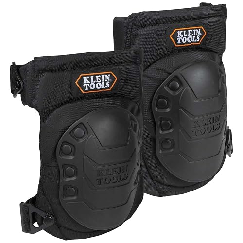 KLEIN TOOLS 60344 Knee Pads, Hinged Gel Knee Pads with Slip Resistant Rubber Caps, Quick-Release Clips and Adjustable Straps, Black