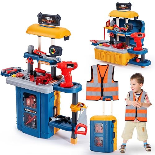 Kids Tool Bench with Tool Box & Electric Drill, Toddler Tool Set | Durable plastic, construction toys for kids ages 3-5, tool kit drill hammer saw, STEM, gift for 3 year old boy