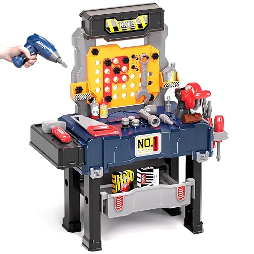 Deejoy Kids Tool Bench with Electric Drill and Miter Saw | 2-in-1 Toddler Workbench and Tool Box Set, Construction Toys for Boys 3-5, Engineering Play Set for Toddlers Age 3 4 5 6