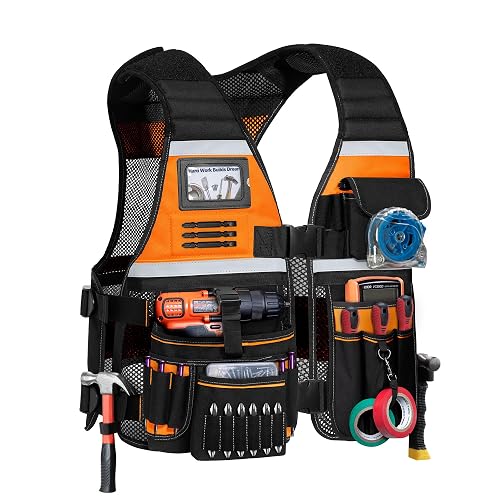 Trahzia Electrician Tool Vest for Men, Carpenter Safety Work Vest | Reflective Strap, Multiple Pockets, Adjustable & Padded Shoulder Straps, Ideal For Electrician, Carpenter, Construction
