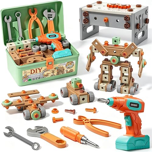 CUTE STONE 200PCS Toddler Tool Set with Electric Toy Drill | STEM Construction Building Toy, 2-in-1 Tool Bench & Storage Box, Montessori Pretend Play Gift for Kids Boys Girls Ages 3-6
