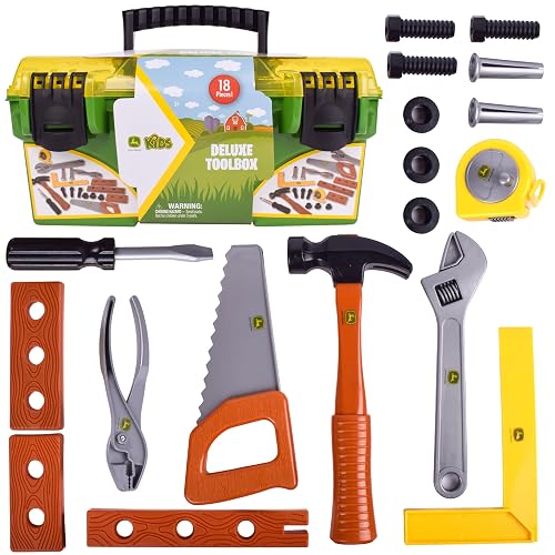 John Deere 18 Piece Deluxe Tool Box - Construction Playset - Ages 3+ | Plastic Construction, Snap Latch Case, Carry Handle, 12.5 in Length, 1.3 lb, Construction Role Play