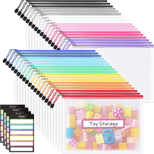 Sooez 36 Pack Mesh Zipper Pouch with Sticky Labels, A4 Mesh Bags Organizer | Sturdy Letter Size File Folders, Office School Classroom Teacher Supplies, Toy Storage Bag Board Game Puzzles Organization