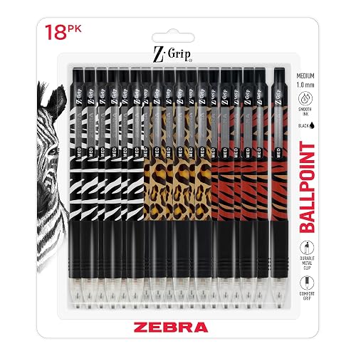 Zebra Pen Z-Grip Animal Print Retractable Ballpoint Pen, Black, 1mm, 18-Pk | Smooth Writing, Medium Point Tip, Ideal for Planners, Note-Taking, School and Office Supplies, and Everyday Writing (22818)