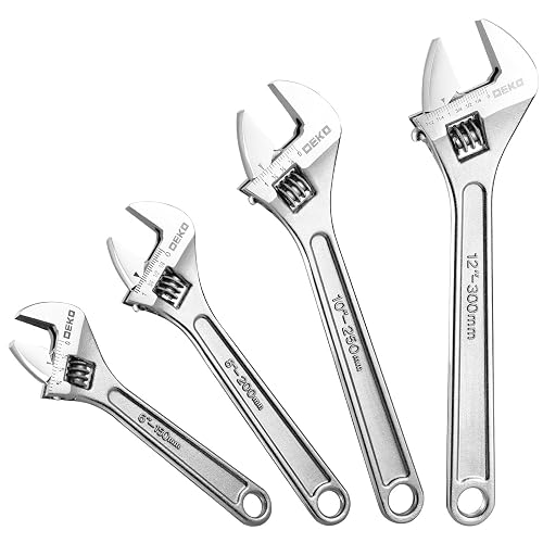 DEKOPRO 4-Piece Adjustable Wrench Set: 6", 8", 10" & 12" Wide Jaw Wrenches | Carbon Steel, Chrome Plated, SAE Scales, Heat-Treated Construction, Precision Jaw for Home Repair, Plumbing & Garage Work