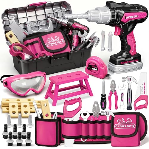KidBloom Kids Tool Set, 50 Pcs Toddler Tool Set with Kids Tool Belt | Electronic Toy Drill, Portable Tool Box, Pretend Play Construction Toys, Christmas Birthday Gifts for Girls Ages 3 4 5 6 7 8