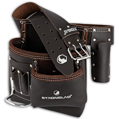 STRONGLAD Leather Tool Belt - 6-Pocket Oil-Tanned Utility Pouch, 29-46 in Adjustable Waist, Heavy-Duty Carpenter Drywaller Electrician Work Belt