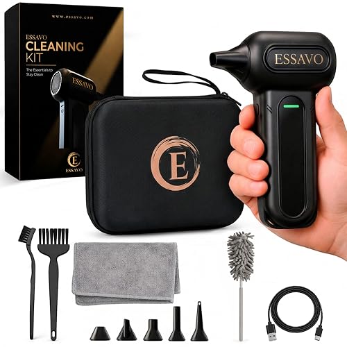 ESSAVO Compressed Air Duster 130,000RPM Cordless Portable Electric Air Duster with Brushless Motor & LED Light, 4 Speeds, USB-C Rechargeable for Keyboard, Computer, Car & Home Cleaning
