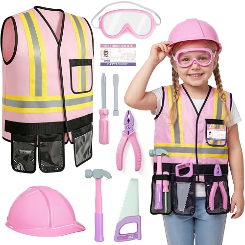 Pink Kids Tool Set with Construction Worker Costume Toys for Girls Age 3-5 | Toddler Dress Up Toy, Safety Vest, Hard Hat, Goggles & Play Tools, Pretend Play, STEM Learning Gifts