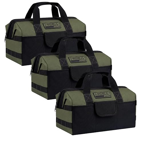 HISEA 3 Pack Heavy Duty Tool Bag, 16-Inch Waterproof Tools Organizer Tote | with Storage Pockets, Wide Mouth, Durable Oxford Fabric, for Electrician Tradesman Carpenter Mechanic (Geen)