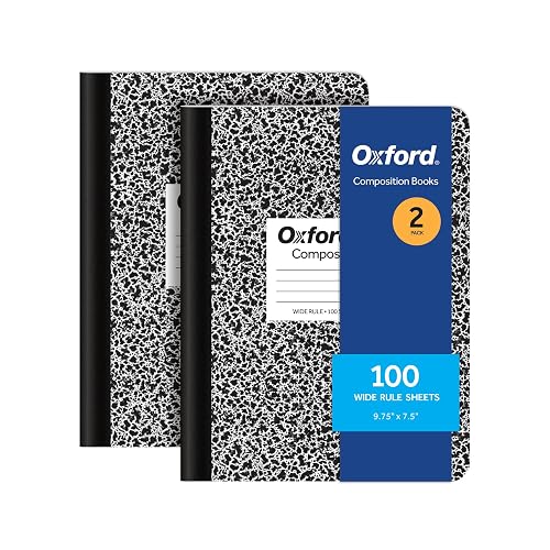 Oxford Composition Notebooks, 9-3/4 x 7-1/2 Inch School Journals, Wide Ruled Paper, Black Marble Covers, 100 Sheets per Book, 2 Pack (1002516)