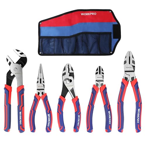 WORKPRO Pliers Set, 5-Piece Premium Cr-V Pliers Kit with Storage Pouch | 6 Inch Slip Joint, Long Nose, Diagonal Cutter, 8 Inch Groove Joint, 7 Inch Linesman, Ergonomic Grip, for Basic Repair