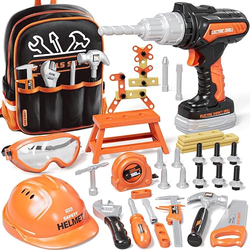 KidBloom Kids Tool Set, 50 Pcs Construction Toys, Toys for 3 Year Old Boys | Toddler Tools with Toy Drill, Backpack, Safety Helmet & DIY Parts, Pretend Play Toys, Christmas Birthday Gifts for 3 4 5
