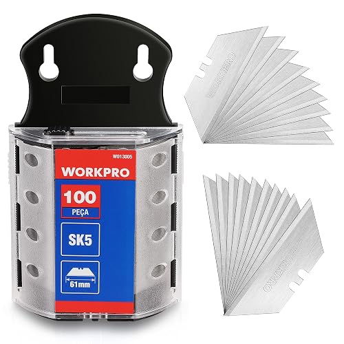 WORKPRO Utility Knife Blades, 100-Pack SK5 Steel Blades with Dispenser | Premium Steel Standard Blades for Box Cutter, Ideal for Cardboard, Leather, Carpet, Rope, Soft Metal, Pipe, etc