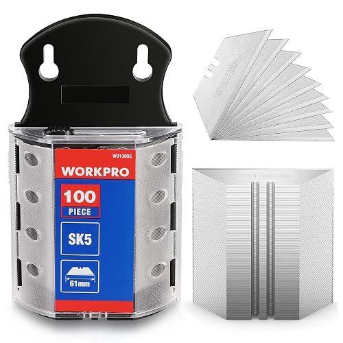 WORKPRO Utility Knife Blades, 100-Pack SK5 Steel Blades with Dispenser | Premium Steel Standard Blades for Box Cutter, Ideal for Cardboard, Leather, Carpet, Rope, Soft Metal, Pipe, etc