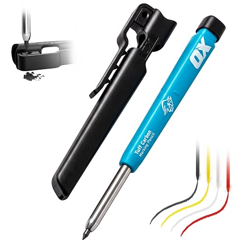 OX 2.8mm Mechanical Carpenter Pencils with 4 Leads & Sharpener | Heavy Duty Construction Pencil, Carpentry Marking Pencil for Woodworking, Site Holster, Red, White, Yellow, & Graphite Leads