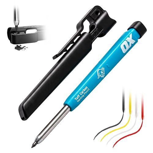 OX Construction Pencil - Mechanical Carpenter Pencils Set w/Sharpener | Heavy Duty Construction Pencil, Carpentry Marking Pencil for Woodworking, Site Holster, Red, White, Yellow, & Graphite Leads