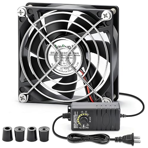 AmRunJe 80mm 12v Small Computer Fan with AC Plug, Variable Speed, Dual Ball | DC Brushless Motor 110v 120v Double Ball Bearing for Cooling Laptop Electronics PC Case Router Xbox Server Receiver DVR