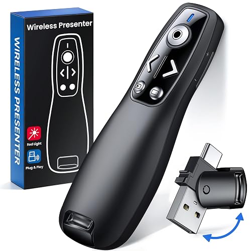 Presentation Clicker with USB-A & USB-C Receiver, 2.4GHz Wireless Presenter Remote with Volume Control & Red Light Pointer, Clicker for PowerPoint Slides Slide Advancer for Mac Computer, Plug & Play