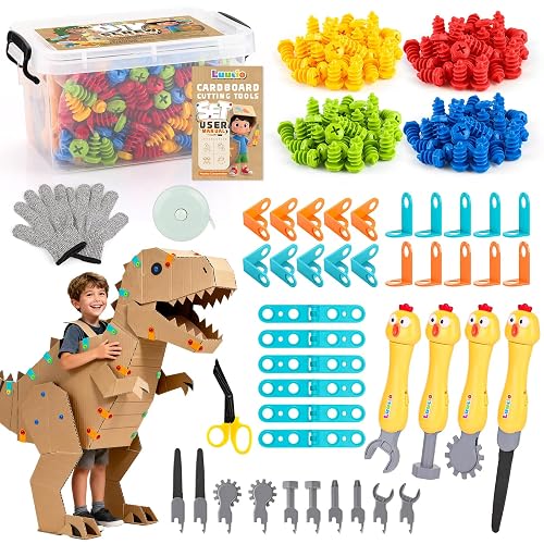196 PCS Cardboard Cutter for Kids, Reusable Safe Cardboard Tools for Kids with Box, Gloves, Screws, Connectors, Screwdrivers, Saws, Educational Toys for 5 6 7 8 Year Old, Birthday Gift for Boys Girls