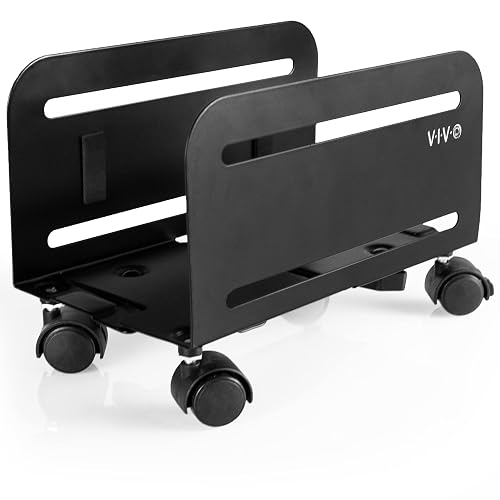 VIVO Computer Mid-Tower Case, CPU Steel Rolling Stand, Adjustable Mobile Cart Holder with Locking Caster Wheels, Black, CART-PC01 | Computer Case Holder, Fits 4.7-8.2 in Wide PCs, CPU Steel Rolling Stand, Adjustable Mobile Cart with Locking Caster Wheels